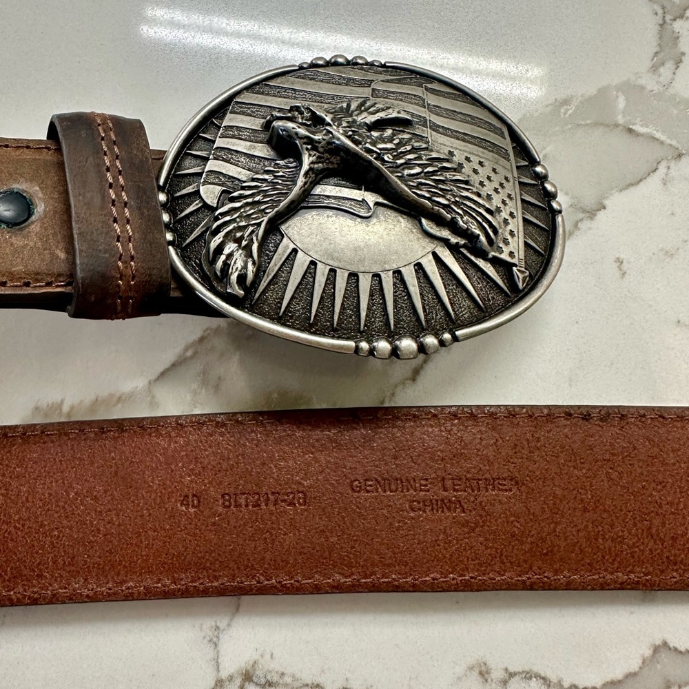 Men's Brown Leather Belt with Eagle Silver Buckle - Picture 2 of 5
